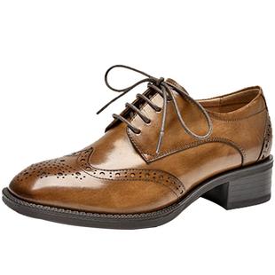 BeauToday英伦风小皮鞋女春季复古牛津鞋真皮布洛克女鞋厚底单鞋