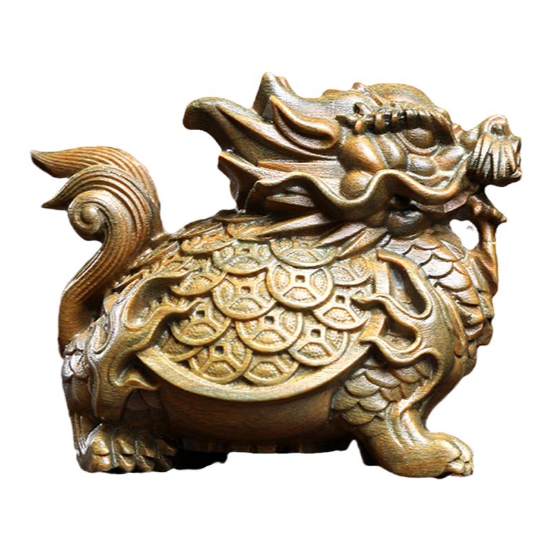 天然绿檀木雕龙生九子摆件手把件金钱龙龟乌龟文玩檀木雕桌面摆件