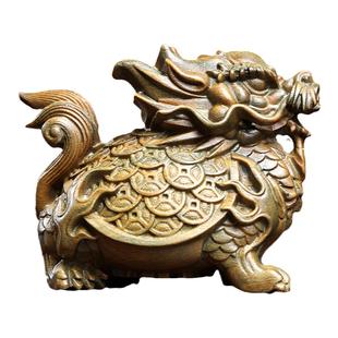 天然绿檀木雕龙生九子摆件手把件金钱龙龟乌龟文玩檀木雕桌面摆件