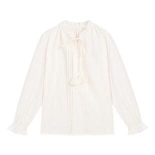 紫涵风琴褶木耳领衬衫女春秋季新款甜美100%纯棉休闲喇叭袖上衣潮