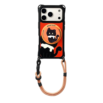 小黑猫新款苹果17promax带支架磁吸手机壳挂绳适用于华为mate70pro斜挎可背小米15ULTRA防摔保护壳VIVOX200P