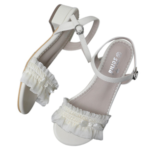 森拉 盛夏蝶恋 夏季一字带蝴蝶结lolita凉鞋仙女风凉鞋女中跟粗跟