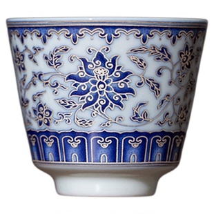 青花釉里红品茗杯功夫茶具复古陶瓷小茶杯缠枝莲鱼藻纹松竹梅茶盏