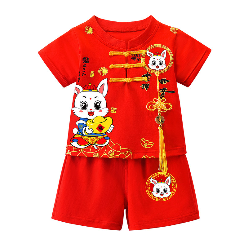 一周岁宴男宝宝红色抓周礼服夏季