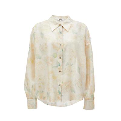 tq区绫致ONLY25春夏时尚侧摆开衩印花轻薄宽松落肩衬衫女潮