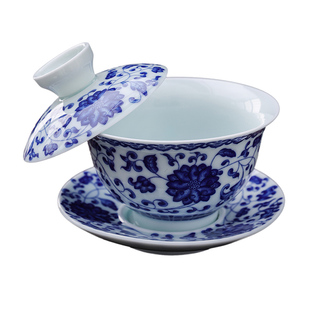 复古青花瓷三才盖碗可旋转悬停盖碗三件套家用功夫茶具泡茶碗茶杯
