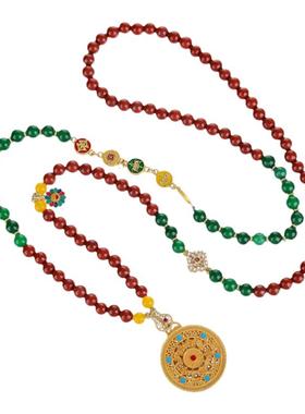 网红热卖款中古风复古绿玛瑙南红毛衣链珐琅吊坠毛衣链长款项链女