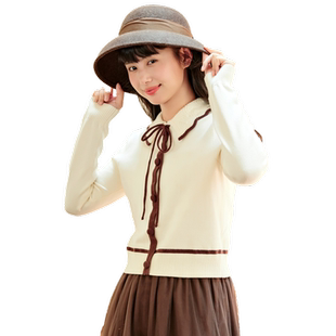 紫涵撞色翻领针织衫女冬季新款森系学院风蝴蝶结系带套头长袖上衣