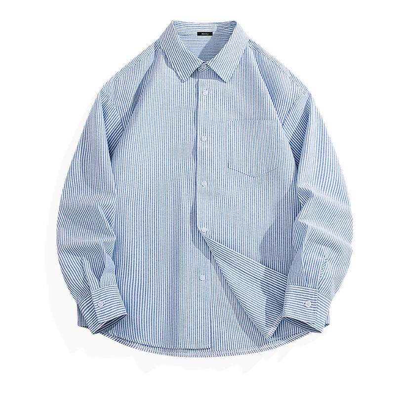 名创优品蓝白条纹衬衫男秋季长袖牛津纺内搭叠穿加绒加厚外套冬Y