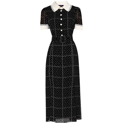 2025夏季新款女装气质波点修身收腰显瘦黑色衬衫连衣裙长裙裙子