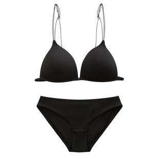 细肩带前扣美背内衣棉质防凸超薄款无钢圈文胸罩法式三角杯黑白色