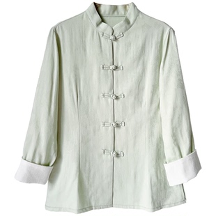 新中式衬衫女装春季唐装复古盘扣汉服开衫纯色禅衣茶服棉麻上衣