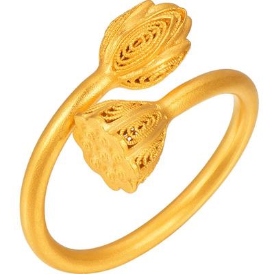 古法黄金戒指传家金莲蓬女戒