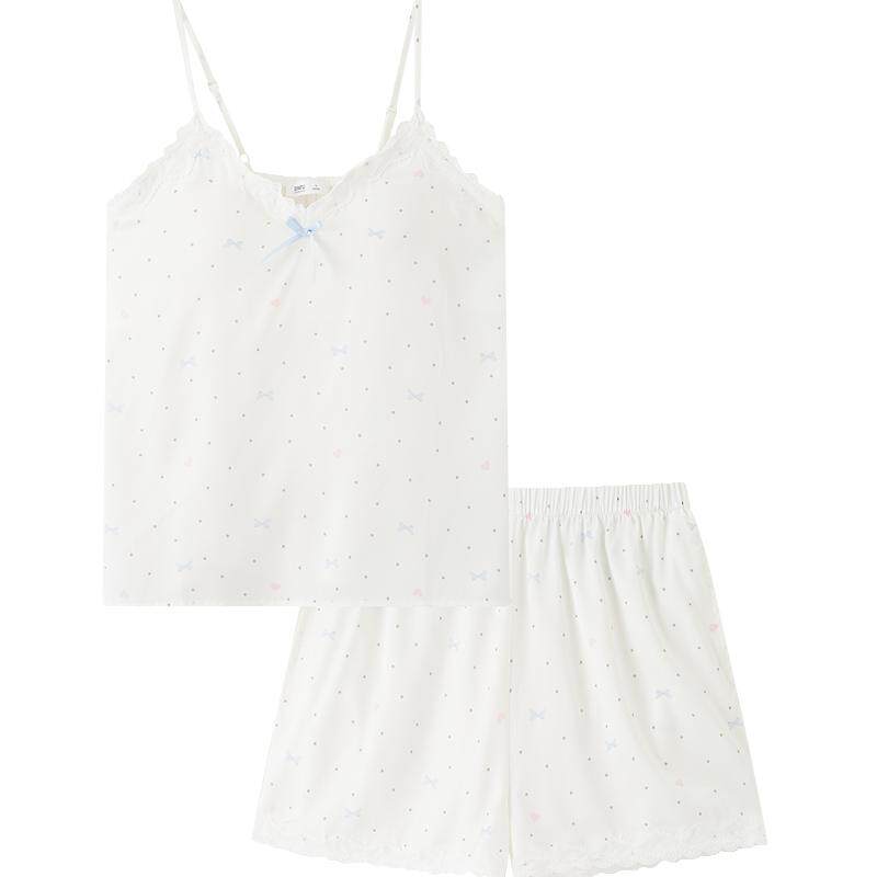 三福女夏季色丁吊带睡衣套装 甜系蕾丝蝴蝶结宽松家居服517978
