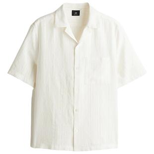 HM男装古巴领衬衫夏季亚麻混纺法式度假领通勤衬衣1265556