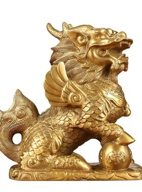 聚善缘黄铜麒麟摆件一对客厅装饰