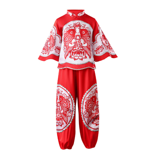 六一新款儿童秧歌舞蹈演出服男女红色喜庆打鼓服开门红扇子表演服