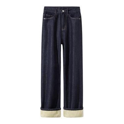 拉夏贝尔浅蓝色加绒直筒牛仔裤女