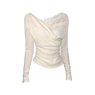 Classy girl 【暮纱雪缕】法式荡领蕾丝拼接针织衫女秋冬显瘦上衣