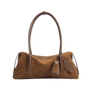 HEBAOBAO新品长柄波士顿女包2025新款反绒磨砂牛皮肩腋下法棍包