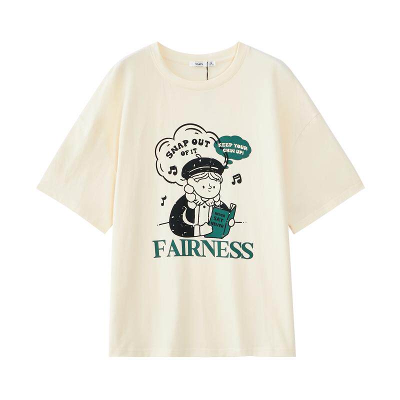 三福短袖T恤女2023年夏季新款印花圆领宽松体恤纯棉中袖上衣女装