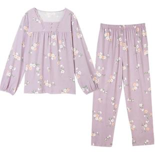 顶瓜瓜家居服女春秋款纯棉浪漫花卉蕾丝领长袖交叠式方领女士套装