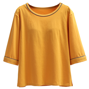 新款冰瓷棉七分袖带胸垫睡衣女上衣夏宽松韩版纯棉家居服免穿文胸
