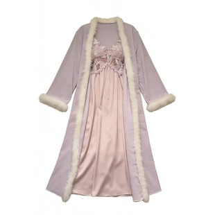 睡衣女冬季新款加绒加厚长款睡袍法式高级吊带睡裙显瘦保暖套装