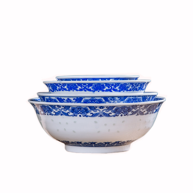 景德镇青花玲珑碗米饭碗大汤碗5至8英寸牡丹釉下彩米通瓷高温餐具