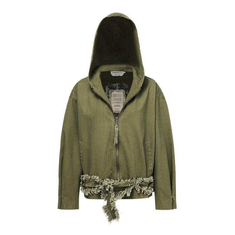 APRIORITY先验 炒色做旧毛边流苏拉链大兜帽珠矾连帽夹克