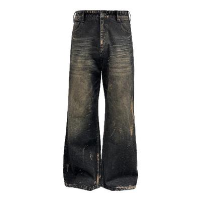 JCAESAR DENIMS 涂料擦脏牛仔裤 14OZ复古水洗 自然猫须 直筒宽松