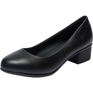 圆头粗跟4cm黑色皮鞋女空乘工作鞋中跟软底公考面试职业通勤女鞋