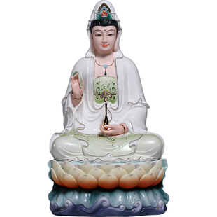 锵锵12至24寸荷叶观音佛像精工彩观世音菩萨家用供奉佛堂陶瓷摆件