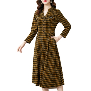 香妮芬高端中年妈妈连衣裙女高贵优雅2025新款秋季格子立领高腰裙