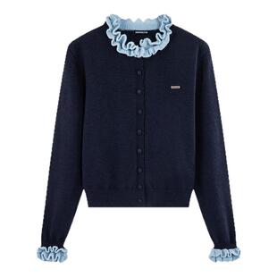 i.t GROUNDZERO2025秋冬藏青色毛衣外套针织衫时尚木耳领开衫女