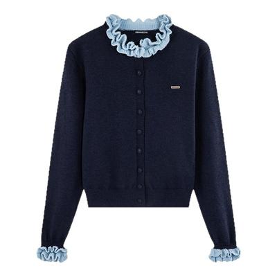 i.t GROUNDZERO2025秋冬藏青色毛衣外套针织衫时尚木耳领开衫女