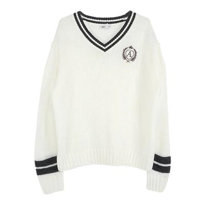 A21女装落肩套头拼色针织开衫