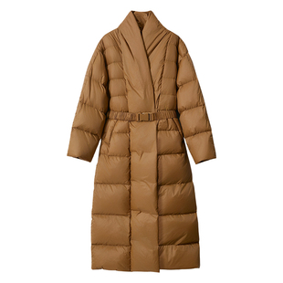 Amii2025冬新款温暖配腰带拉链长款羽绒服女落肩袖加厚上衣外套