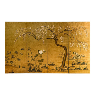 寂然 |日式复古折叠金箔屏风梅花山水屏风茶室客厅装饰画中式折屏