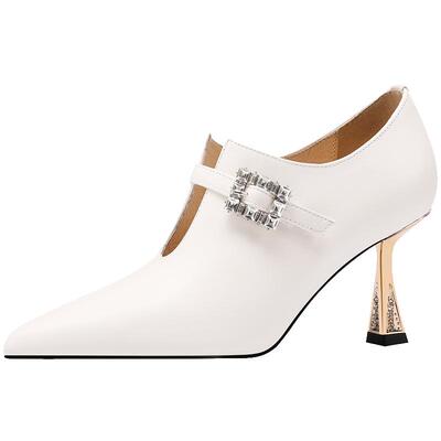 一字带水钻扣牛皮细高跟深口单鞋