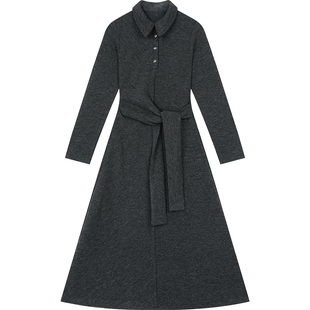 妖精的口袋衬衫领灰色针织连衣裙女2025冬季新款a字修身新年穿搭