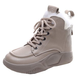 保暖棉靴羊毛马丁靴真皮中跟圆头冬季女靴毛里厚底韩版短靴大棉鞋