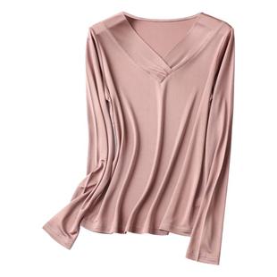高档长袖真丝纯色内搭打底衫上衣 重磅桑蚕丝V领宽松大码T恤秋衣