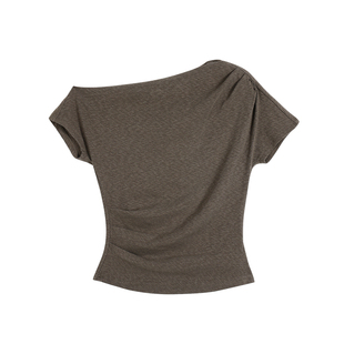 pusumede一字肩斜肩短袖t恤女夏设计感小众收腰修身露肩针织上衣