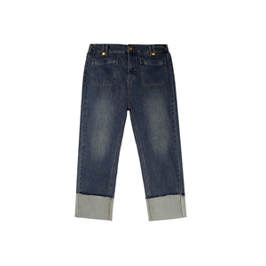 胖莹大码女装200斤胖mm休闲简约百搭显瘦口袋拼色烟管九分牛仔裤