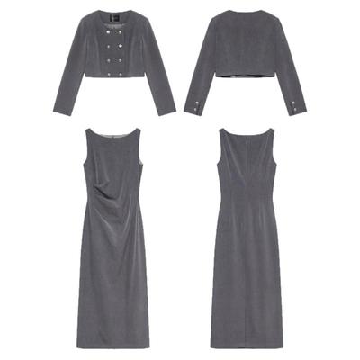 贰羊设计【初晴】气质灰色西装通勤套装无袖背心裙+双排扣短外套