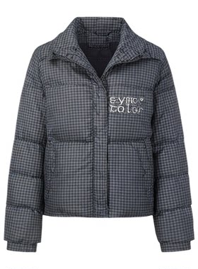 SYMOCOLOR日系小众设计LOGO高级格纹连帽立领羽绒服保暖面包服