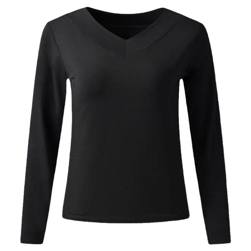 广场舞新款上衣女单件跳舞衣服t恤长袖舞蹈服冬天加绒加厚黑色V领