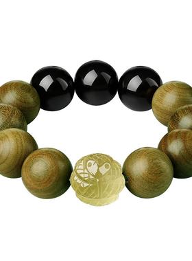 绿檀木手串黄水晶黑曜石五行补木