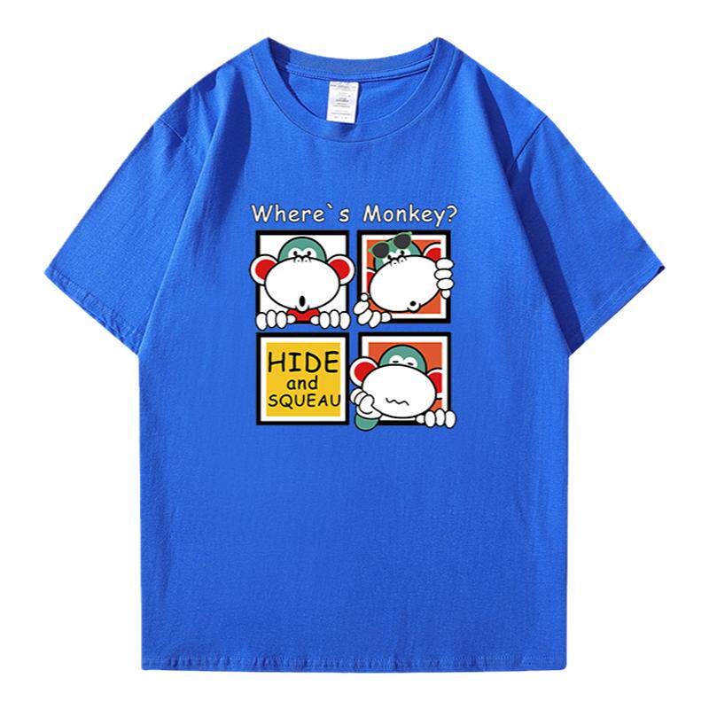 戚薇明星同款猴子短袖女夏季ins潮流宽松大码纯棉卡通蓝色情侣T恤